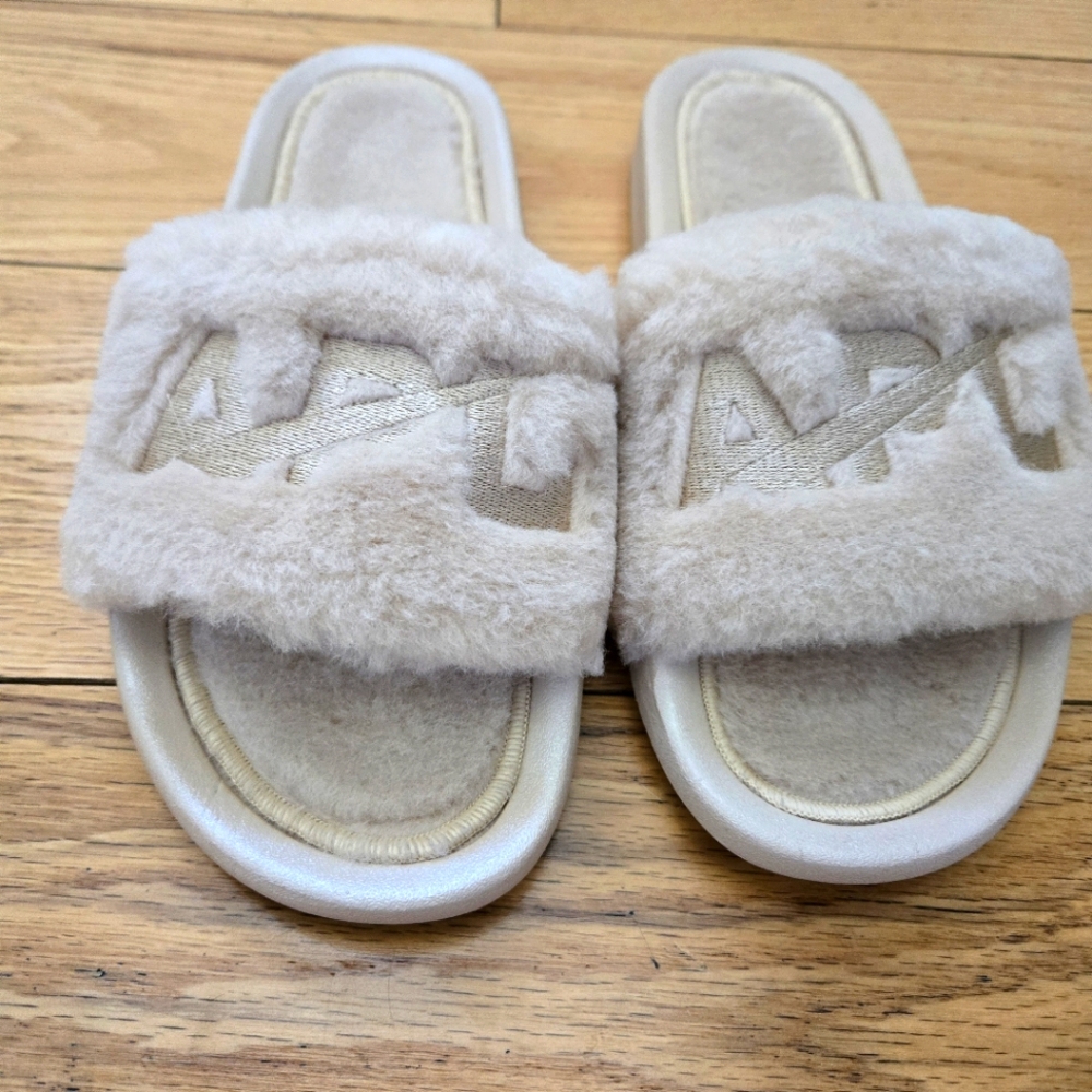 New APL Slides Women's 8 Genuine Shearling Champagne TechLoom Slip On Flat Open